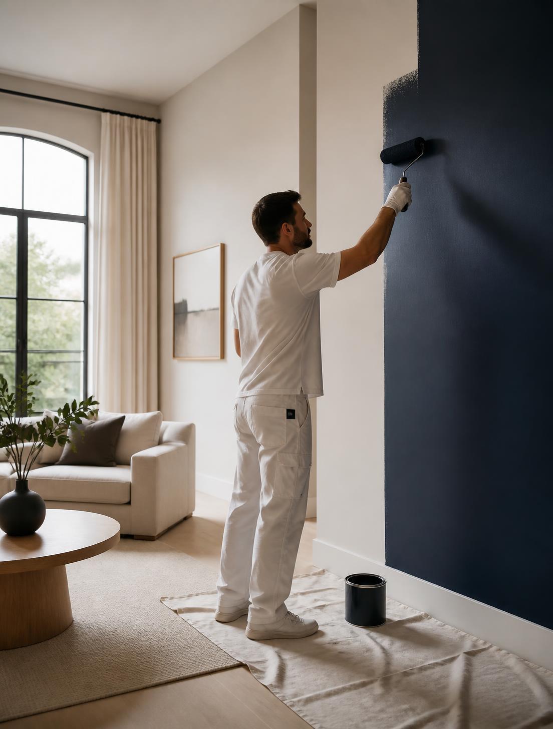 Pintor aplicando tinta azul-marinho em parede de sala contemporânea